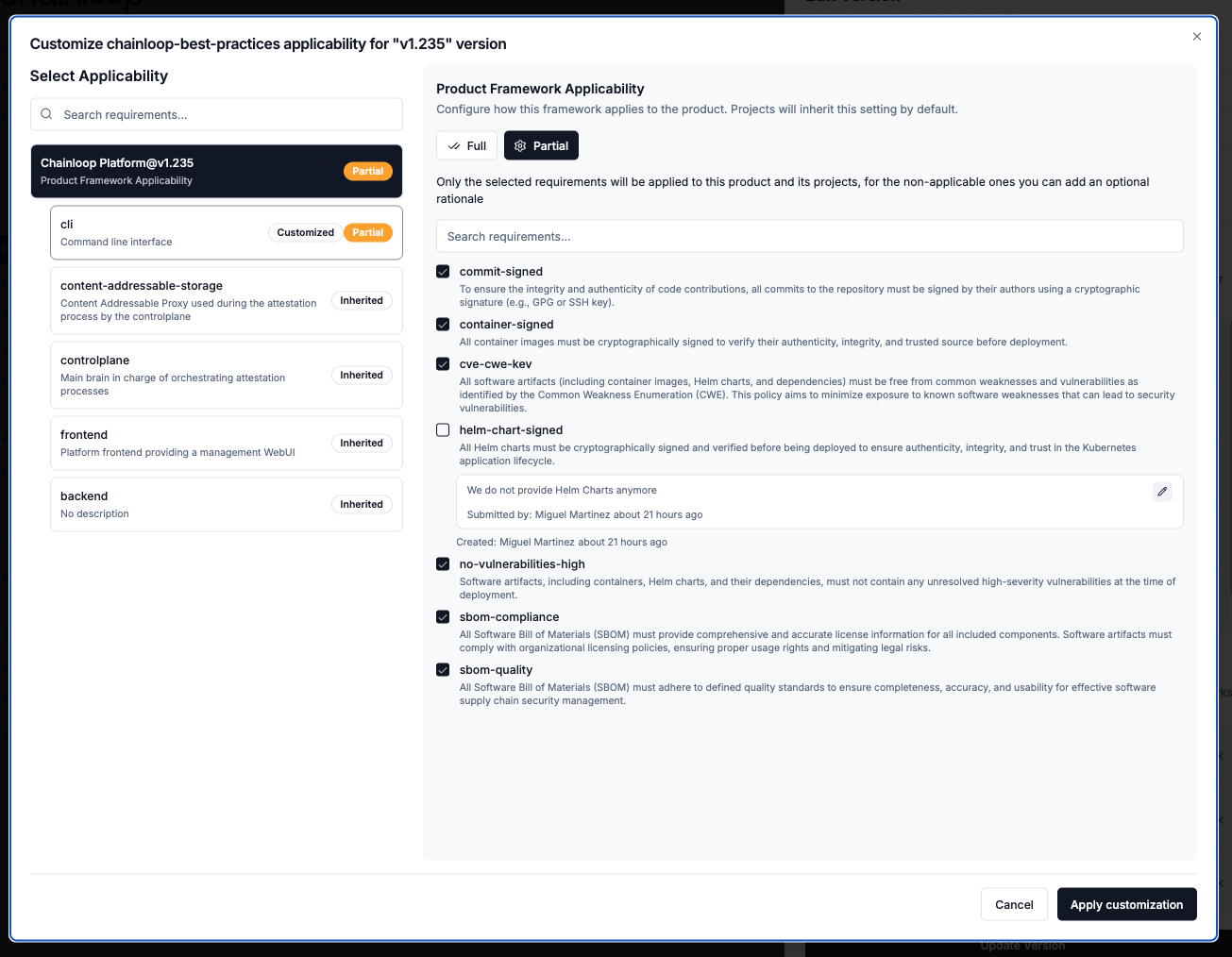 Product compliance applicability matrix showing framework configuration
