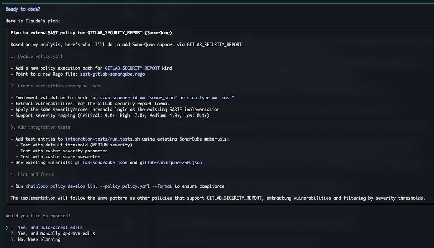 AI-driven policy authoring with Claude Code showing implementation plan for extending SAST policy