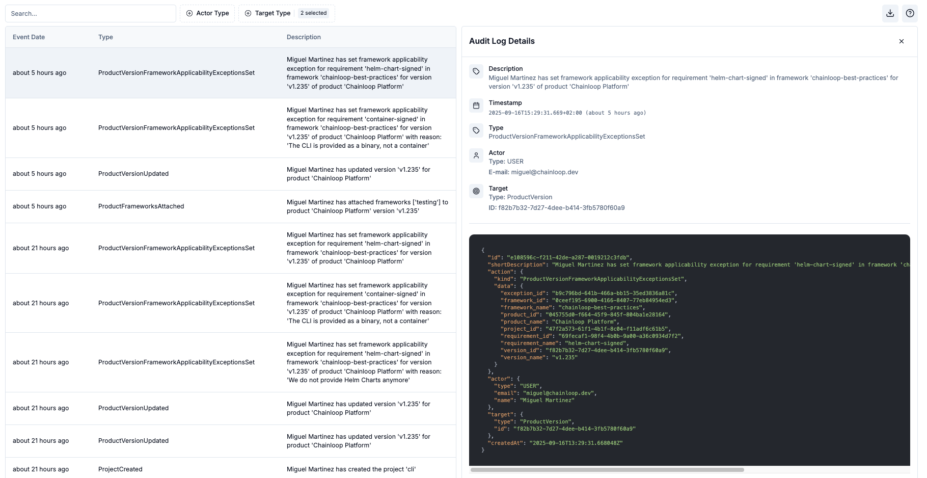 Enhanced audit log interface with filtering and download capabilities